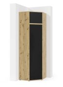 Armoire d'angle au design moderne Zapopan 61, Couleur : Chêne Artisan / Noir, Fonction push-to-open, six compartiments, dimensions : 225 x 70 x 70 cm, deux tringles à vêtements