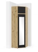 Armoire d'angle avec porte miroir et élément supérieur Zapopan 57, Couleur : Chêne Artisan / Noir, Dimension : 225 x 70 x 70 cm, Fonction Push-to-open