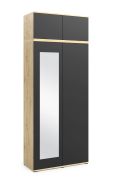 Armoire avec une porte à miroir et une penderie Zapopan 28, Couleur : Chêne Artisan / Noir, quatre compartiments, dimensions : 225 x 90 x 40 cm, deux tringles à vêtements coulissantes