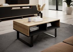 Table basse avec deux compartiments Zapopan 134, Couleur : Chêne Artisan / Noir, véritable attrait, Pieds : Métal, Dimensions : 40 x 90 x 50 cm, robuste et stable