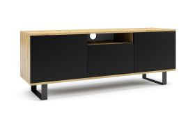 Meuble TV moderne Zapopan 100, Couleur : Chêne Artisan / Noir, Pieds : métal, trois portes, un trou de câble, Dimensions : 56 x 150 x 40 cm, quatre compartiments