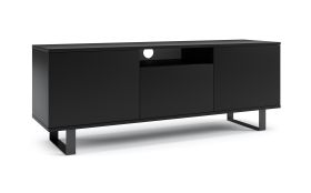 Meuble TV stable Zapopan 103, dimensions : 56 x 150 x 40 cm, Couleur : Noir, Pieds : Métal, Fonction push-to-open, quatre compartiments, un trou de câble