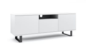 Elégant meuble TV Zapopan 106, Couleur : Blanc, quatre compartiments, dimensions : 56 x 150 x 40 cm, montage suspendu, Fonction push-to-open, 1 trou pour câble