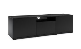Meuble bas TV avec Fonction push-to-open Zapopan 104, une porte basculante, Couleur : Noir, un trou pour le câble, quatre compartiments, dimensions : 42 x 150 x 40 cm, pour le salon
