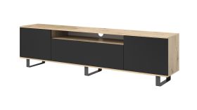 Meuble TV élégant avec Fonction push-to-open Zapopan 112, Dimensions : 56 x 180 x 40 cm, quatre compartiments, Couleur : Chêne Artisan / Noir, Pieds : Métal