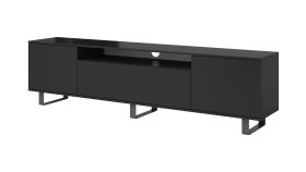 Meuble TV sombre à trois portes Zapopan 115, un trou pour le câble, Fonction push-to-open, Couleur : Noir, Dimensions : 56 x 180 x 40 cm, très haut de gamme