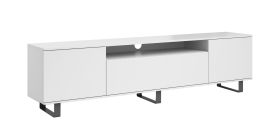 Meuble TV lumineux avec Fonction push-to-open Zapopan 118, Couleur : Blanc, dimensions : 56 x 180 x 40 cm, un trou pour le câble, quatre compartiments, pour le salon