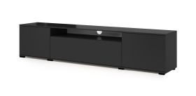 Meuble TV moderne Zapopan 128, Fonction push-to-open, un trou pour le câble, Couleur : Noir, trois portes, dimensions : 42 x 200 x 40 cm, pour le salon