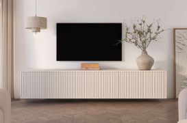 Meuble TV suspendu / Cachemire / 6 portes battantes / 6 compartiments / 210 x 40 x 40 cm / Fonction push-to-open / Meuble TV / Pour le salon / Design à lamelles