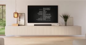 Meuble TV suspendu / Cachemire / 10 portes battantes / 10 compartiments / 350 x 40 x 40 cm / Design à lamelles / Pour le salon / Meuble TV / Fonction Push-to-open