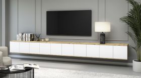 Meuble TV / Couleur : Chêne Artisan / Blanc / Fonction Push-to-open / 10 portes / 20 compartiments / 350 x 40 x 40 cm / Finition de haute qualité / Armoire TV