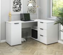 Bureau d'angle / Blanc / Fonction push-to-open / Surface de travail de 150 cm / Dimensions : 150 x 98 x 78 cm / 3 tiroirs / Fonctionnel et élégant / 4 compartiments / Pour le bureau