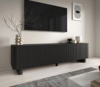Meuble TV / Noir / 3 portes basculantes / 3 compartiments / lamelles / Fonction push-to-open / Dimensions : 200 x 40 x 54 cm / Peut être monté sur pieds ou suspendu