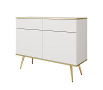 Commode avec deux portes Horsham 62, Couleur : Blanc, deux tiroirs, Fonction push-to-open, quatre compartiments, protection des bords ABS, deux étagères en bois, pour le salon
