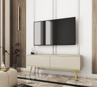 Meuble TV suspendu Horsham 48 | Beige & pieds dorés | Push-to-open | 2 abattants | 135 cm