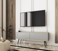 Meuble TV suspendu Horsham 31 gris | 2 abattants | Push-to-open | Pieds noirs | 135 cm