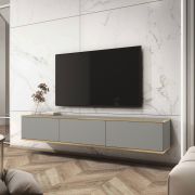 Meuble TV sobre avec trois compartiments à clapet Horsham 18, Couleur : Gris - Dimensions : 30 x 175 x 32 cm (H x L x P)