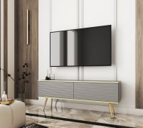 Meuble TV suspendu gris Horsham 40 | Façade rainurée | Push-to-open | 2 abattants | Pieds dorés