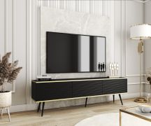 Meuble TV moderne avec Push-to-open | Horsham 23 | Noir | 53 x 175 x 32 cm | Design épuré | Pieds noirs | Fixation murale possible