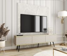 Meuble TV suspendu beige Horsham 25 | 3 portes basculantes | Push-to-open | ABS-Kantenschutz | 53 x 175 x 32 cm