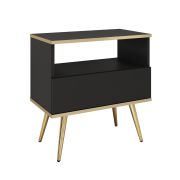 Table de nuit noire Horsham 78 | 1 tiroir push-to-open | niche de rangement | pieds dorés | 59 x 54 x 39 cm