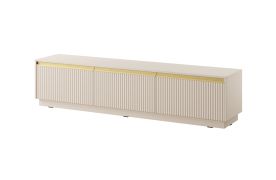 Buffet / Armoire basse TV avec trois portes Finghall 02, Couleur : Beige, montage suspendu, fonction Soft-Close, largeur 1,8 mètres, façade : rainurée, pour le salon
