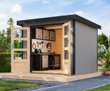 Abri de jardin en bois, épicéa gris eau, toit en tôle trapézoïdale anthracite, coins stables en acier, peu d'entretien, porte à double battant avec serrure cylindrique, 2,38×2,13 m
