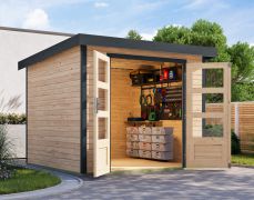 Abri de jardin en épicéa nordique naturel avec toit en tôle trapézoïdale anthracite, porte à double battant avec découpes pour la lumière, serrure à cylindre, 2,38 × 2,42 m