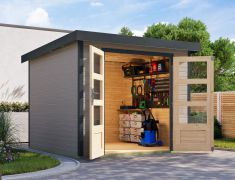 Abri de jardin à toit monopente, épicéa nordique gris eau, tôle trapézoïdale anthracite, coins renforcés d'acier, serrure à cylindre, durable et résistant aux intempéries, 2,38×2,42 m