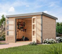 Abri de jardin à toit monopente, épicéa naturel/gris aluminium, toit en tôle trapézoïdale résistant aux intempéries, coins robustes renforcés de métal, serrure à cylindre, durable, 2,98x2,42m