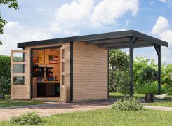 Abri de jardin en bois toit rapporté naturel/anthracite 2,35 m, épicéa nordique, porte à double battant avec serrure à cylindre, toit en tôle trapézoïdale, 2,38 × 2,13 m