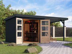 Abri de jardin à toit rapporté en anthracite, épicéa nordique, avec toit en tôle trapézoïdale, porte à double battant avec grandes découpes pour la lumière et serrure à cylindre, 2,38 × 2,42 m