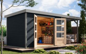 Abri de jardin en bois, toit rapporté en bois, épicéa anthracite / tôle trapézoïdale aluminium gris, robuste et nécessitant peu d'entretien, porte à double battant, 2,98 × 2,13 m