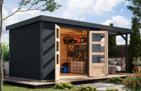 Abri de jardin moderne avec coins renforcés de métal, épicéa nordique, anthracite, toit à une pente en tôle trapézoïdale, porte à deux battants avec serrure à cylindre, 6,35 m².