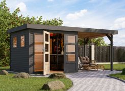 Abri de jardin à toit rapporté en bois gris terra en épicéa nordique, toit plat avec plaque de toit, grandes surfaces vitrées, serrure à cylindre, 2,38 × 2,42 m