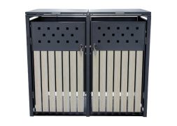 Abri pour poubelles 2-volets - Couleur: anthracite et aspect bois, Largeur: 132 cm, Hauteur: 116 cm, Profondeur: 80 cm
