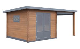 Abri de jardin en WPC Alpenblick avec terrasse couverte - Longueur: 560 cm, Largeur: 300 cm, Hauteur: 239 cm, couleur: aspect bois
