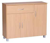 Commode polyvalente bois hêtre et gris | 75 x 90 x 30 cm | 3 portes, 1 tiroir, design moderne