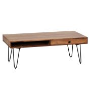 Table de salon avec 2 tiroirs en bois massif de sheesham, Couleur : Sheesham / Noir - dimensions : 40 x 60 x 110 cm (h x l x p), avec des veines stylées