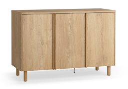 Commode / 3 portes battantes / Couleur : Chêne / 6 compartiments / Fonction Soft-Close / Tablettes réglables / 123 x 46 x 83 cm / Pieds en chêne / Buffet