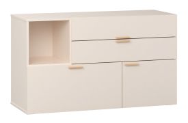 Commode avec 3 tiroirs / 1 compartiment ouvert / Fonction soft-close / Couleur : Beige / Poignées & Pieds : Chêne / Dimensions : 120 x 42 x 70 cm / 1 porte / 2 compartiments