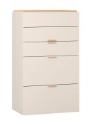 Commode / Couleur : Beige / Poignées : Chêne / 5 tiroirs / Fonction soft-close / Dimensions : 75 x 42 x 127,5 cm / Tiroirs asymétriques / Anti-rayures