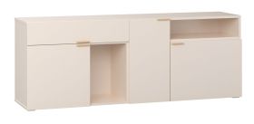 Commode / 3 portes / Couleur : Beige / Poignées & Pieds : Chêne / 1 tiroir / Dimensions : 187 x 42 x 70 cm / 2 compartiments ouverts / Fonction Soft-Close / 6 compartiments