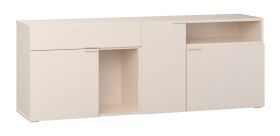Commode / 3 portes / Couleur : Beige / Poignées & Pieds : Beige / 6 compartiments / 1 tiroir / Dimensions : 187 x 42 x 70 cm / 2 compartiments ouverts / Fonction Soft-Close