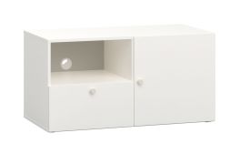 Meuble TV moderne Aenna 111 | Blanc & Gris | 51,5 x 101 x 46,5 cm | 1 porte, 1 tiroir, 2 niches, passe-câbles