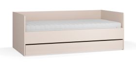 Lit de jour / Lit d'appoint / Couleur : Beige / Sommier à lattes élévateur inclus / Surface de couchage : 90 x 200 cm / Protection des bandes de chant ABS / Coffre de lit pour linge de lit