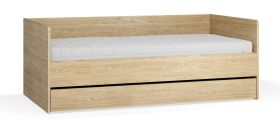 Lit de jour avec tiroir / Couleur : Chêne / Sommier à lattes élévateur inclus / Surface de couchage : 90 x 200 cm / Coffre de lit pour linge de lit / Lit d'appoint