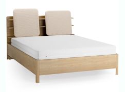 Lit double / 160 x 200 cm / Couleur : Chêne / Beige / Rembourrage de tête de lit / Quatre étagères ouvertes / Récipient derrière le dossier / Sommier à lattes Lift up inclus