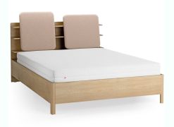 Lit double / 160 x 200 cm / Couleur : Chêne / Écru / Rembourrage de tête de lit / Quatre étagères ouvertes / Récipient derrière le dossier / Sommier à lattes Lift up inclus
