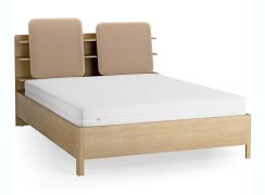Lit double / 160 x 200 cm / Couleur : Chêne / Taupe / Rembourrage de tête de lit / Quatre étagères ouvertes / Récipient derrière le dossier / Sommier à lattes Lift up inclus